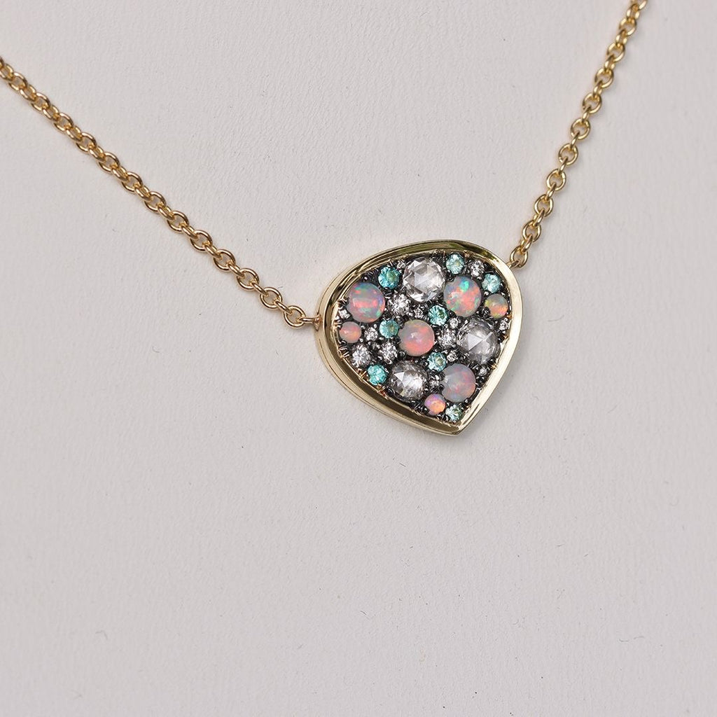Joke Quick Australian Opal + Paraiba Tourmaline + White Diamond Gold Pendant Necklace
