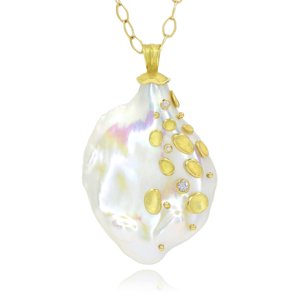 Barbara Heinrich One of a Kind Large Iridescent Pearl Diamond Gold Necklace