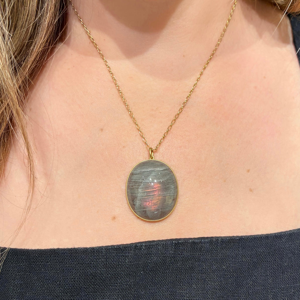 Lola Brooks Large Oval Peachy Labradorite Gold Necklace