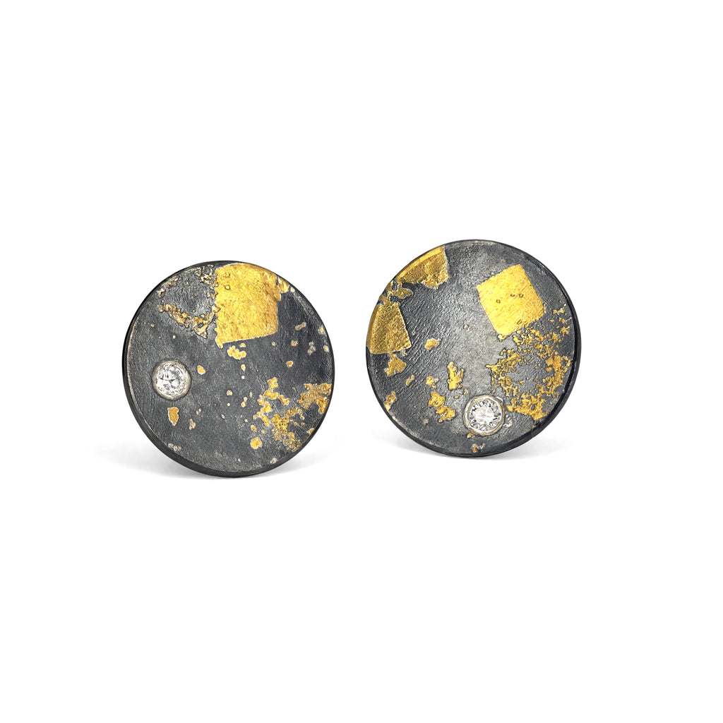 Atelier Zobel Round Diamond Oxidized Silver Gold Stud Earrings
