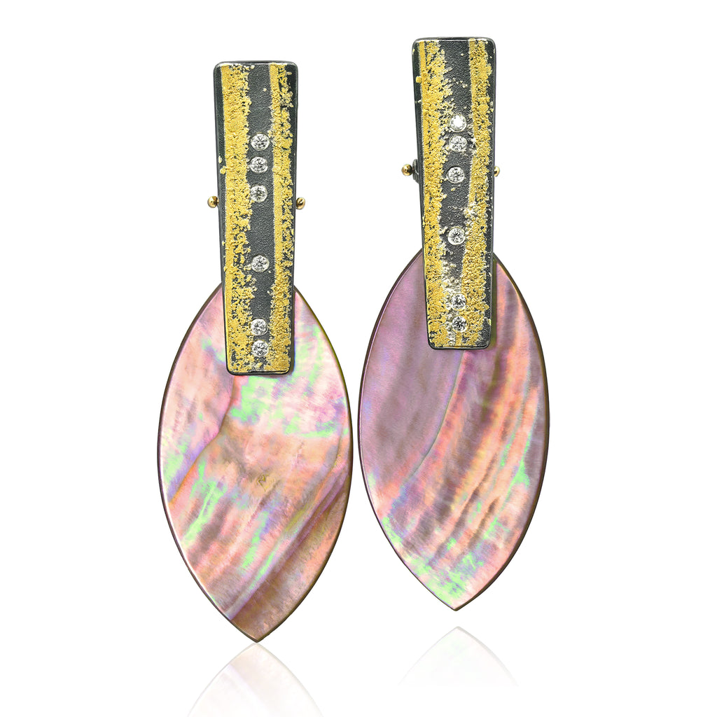 Atelier Zobel Mother of Pearl White Diamond Gold Oxidized Silver Earrings