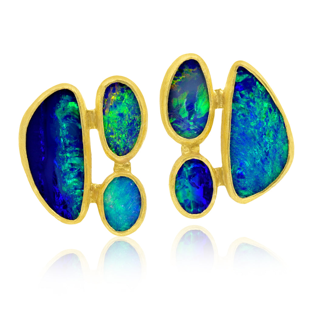 Petra Class Triple Australian Opal Doublets Gold Earrings