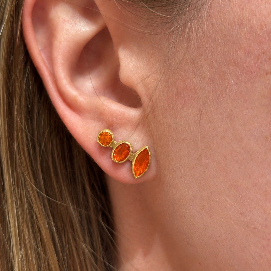 Petra Class Faceted Mexican Fire Opal Gold Climber Earrings