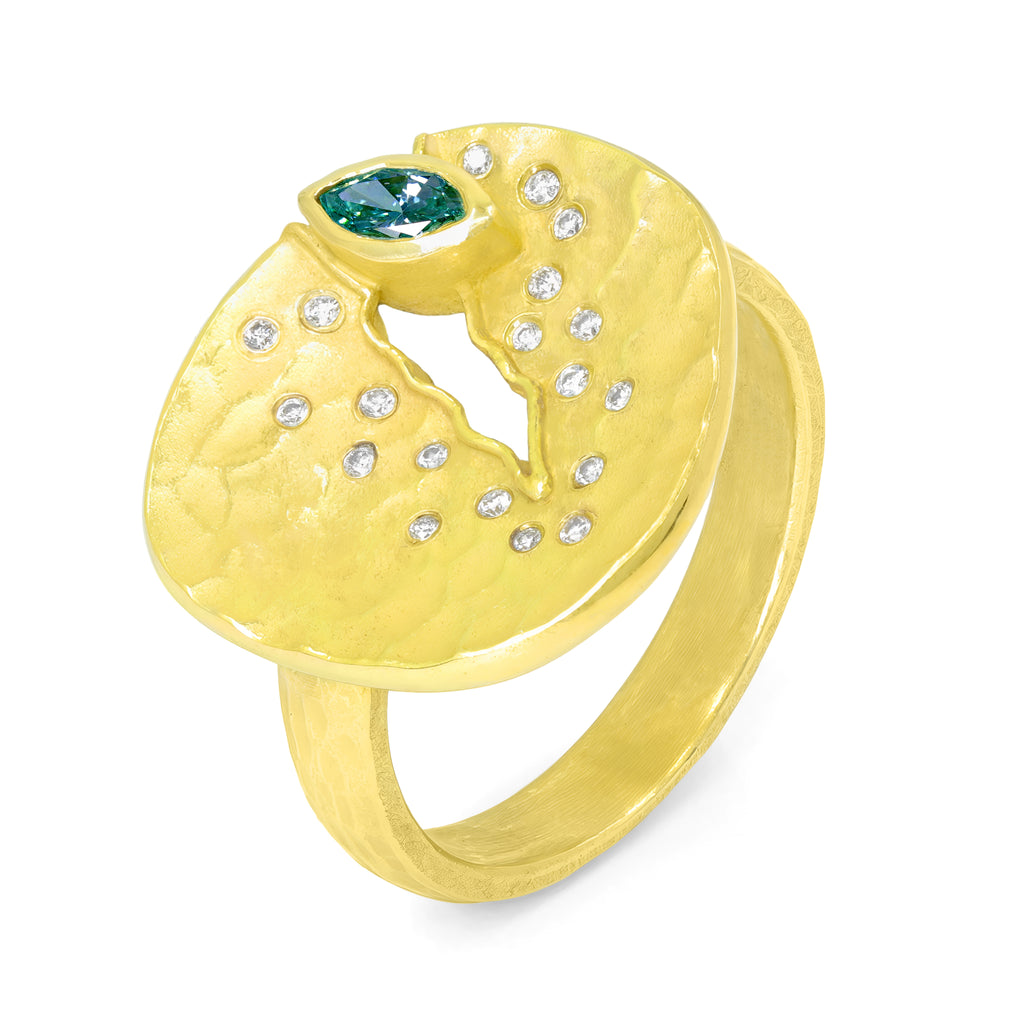 Barbara Heinrich Blue Diamond Marquise Gold Crevasse Disc Ring