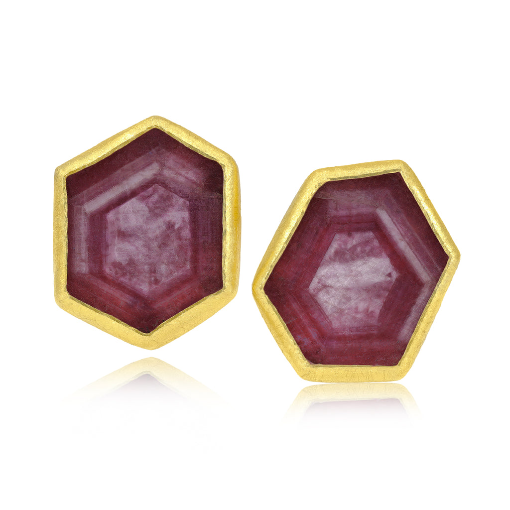 Petra Class Large Hexagonal Ruby Slice Gold Stud Earrings