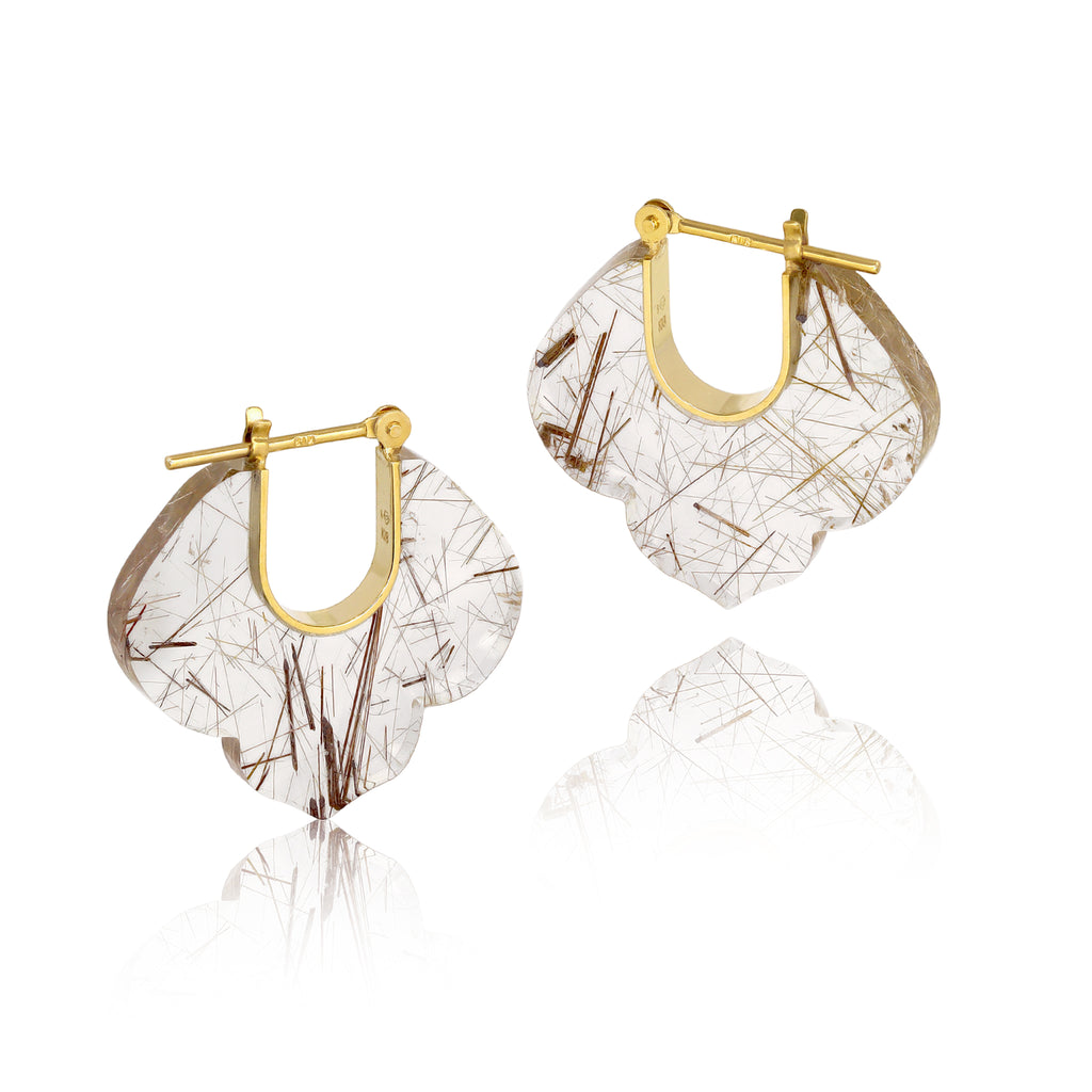 Talkative One of a Kind Rutilated Quartz Gold Crest Side Hoop Earrings