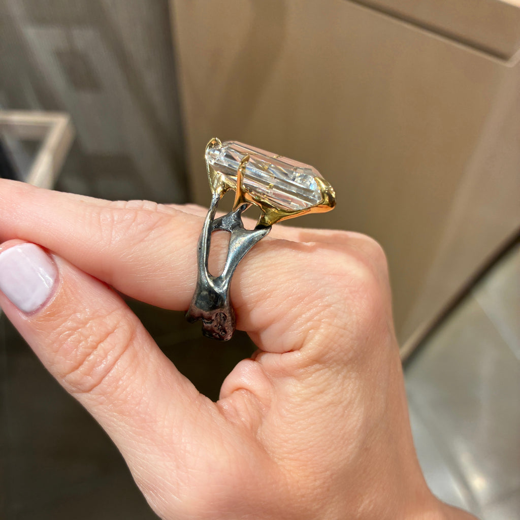 Kika Alvarenga Faceted Rock Crystal Oxidized Silver Yellow Gold Tiger Ring