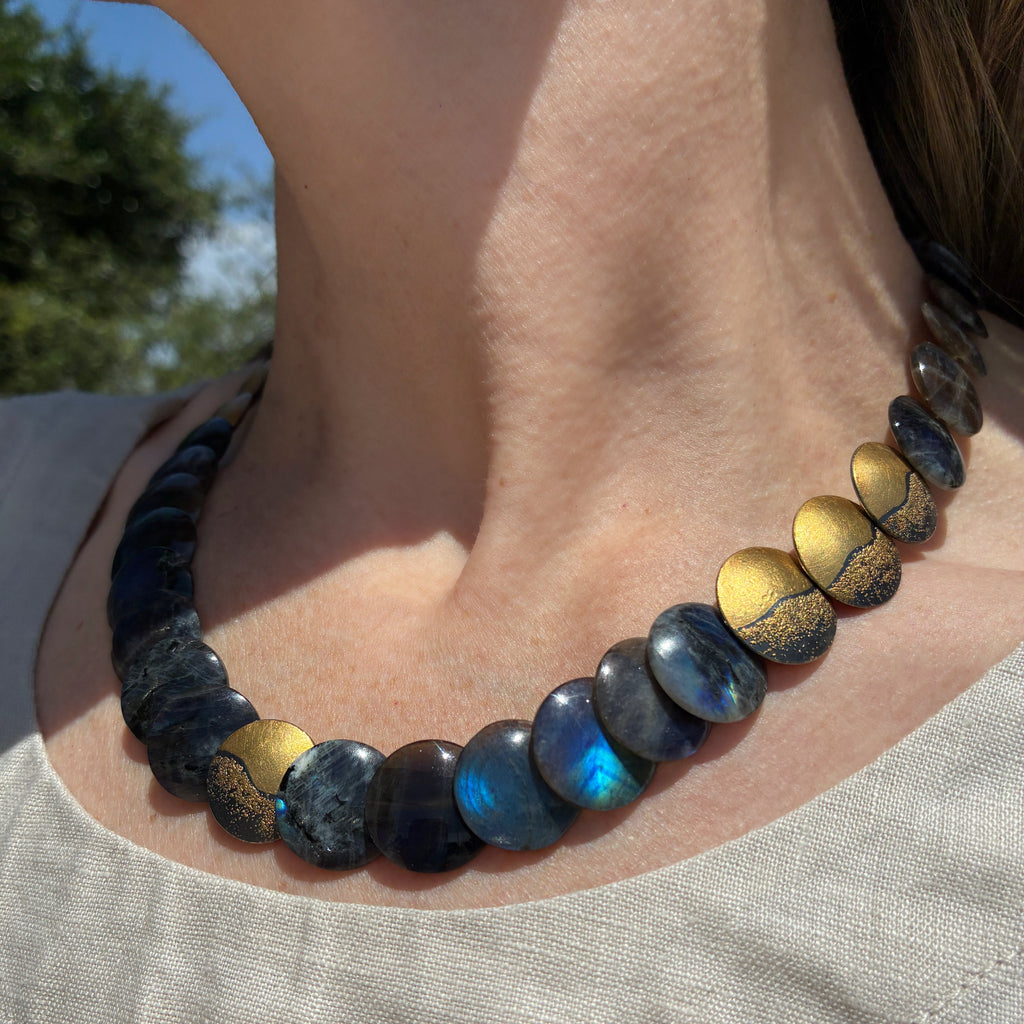 Atelier Zobel Spectrolite Labradorite Gold Oxidized Silver Disc Necklace