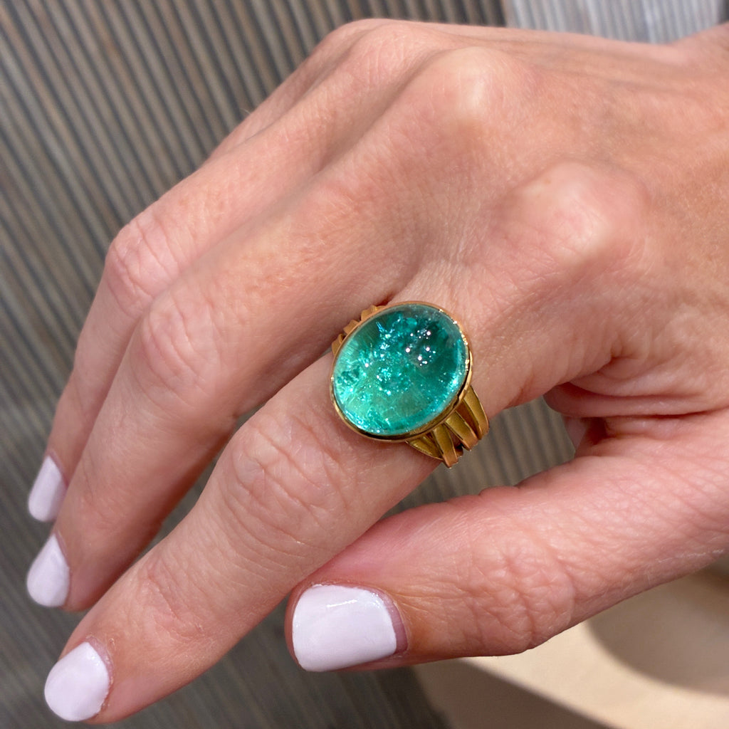 Barbara Heinrich One of a Kind Certified Paraiba Tourmaline Gold Ribbon Ring