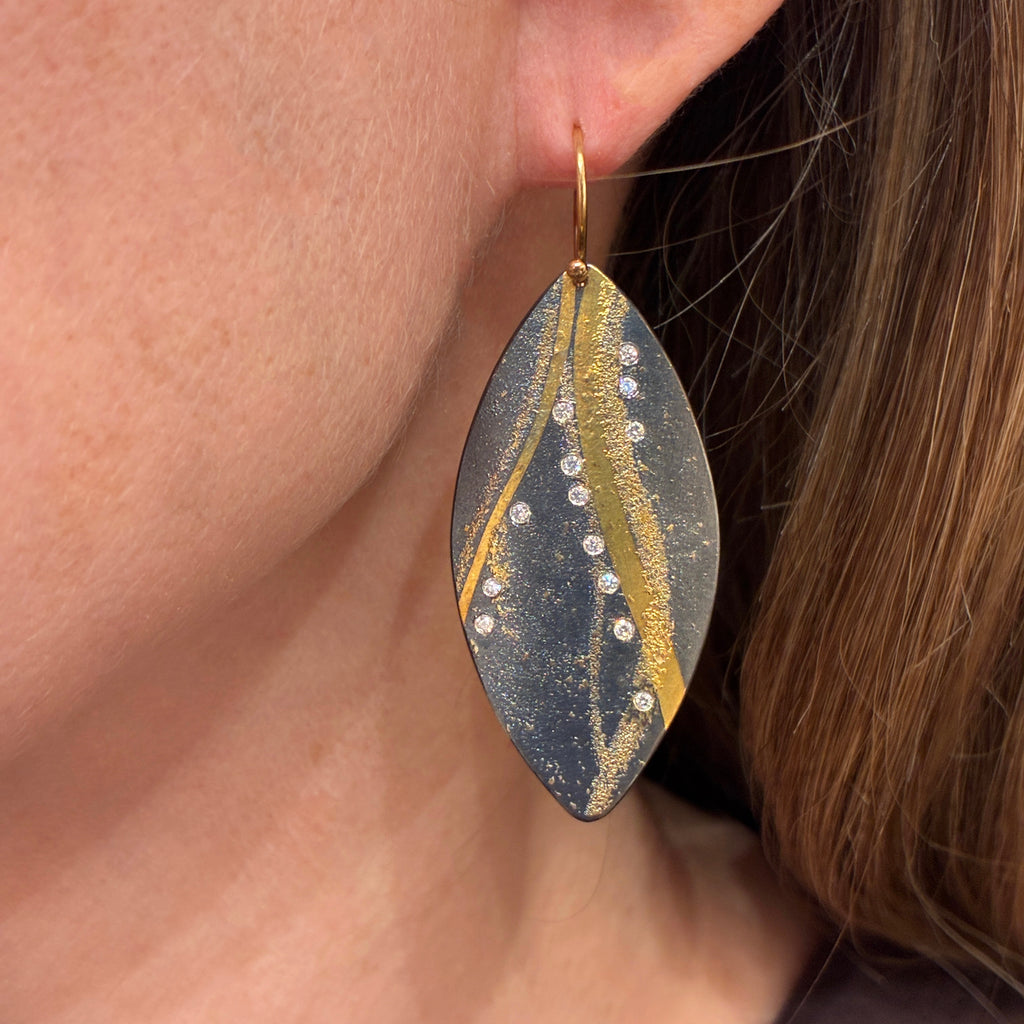 Atelier Zobel Diamond Gold Oxidized Silver Marquise Drop Earrings