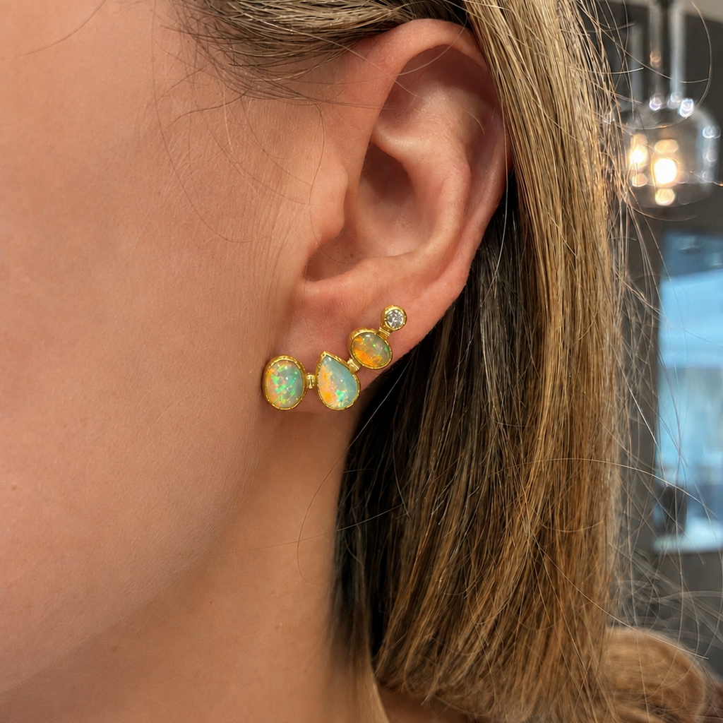 Petra Class Ethiopian Opal Diamond Gold Climber Earrings