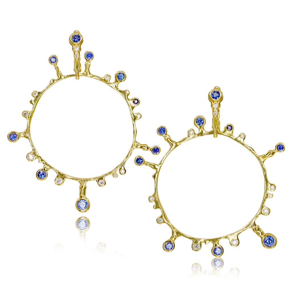 Audrius Krulis Blue Sapphire Diamond Gold Detachable Large Hoop Drop Earrings