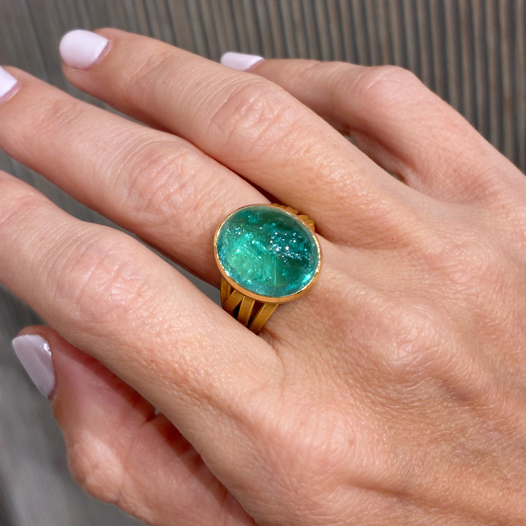 Barbara Heinrich One of a Kind Certified Paraiba Tourmaline Gold Ribbon Ring