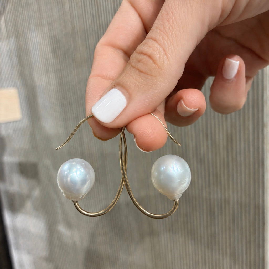 Just Jules One-of-a-Kind Baroque South Sea Pearl Drop Back Hoop Gold Earrings