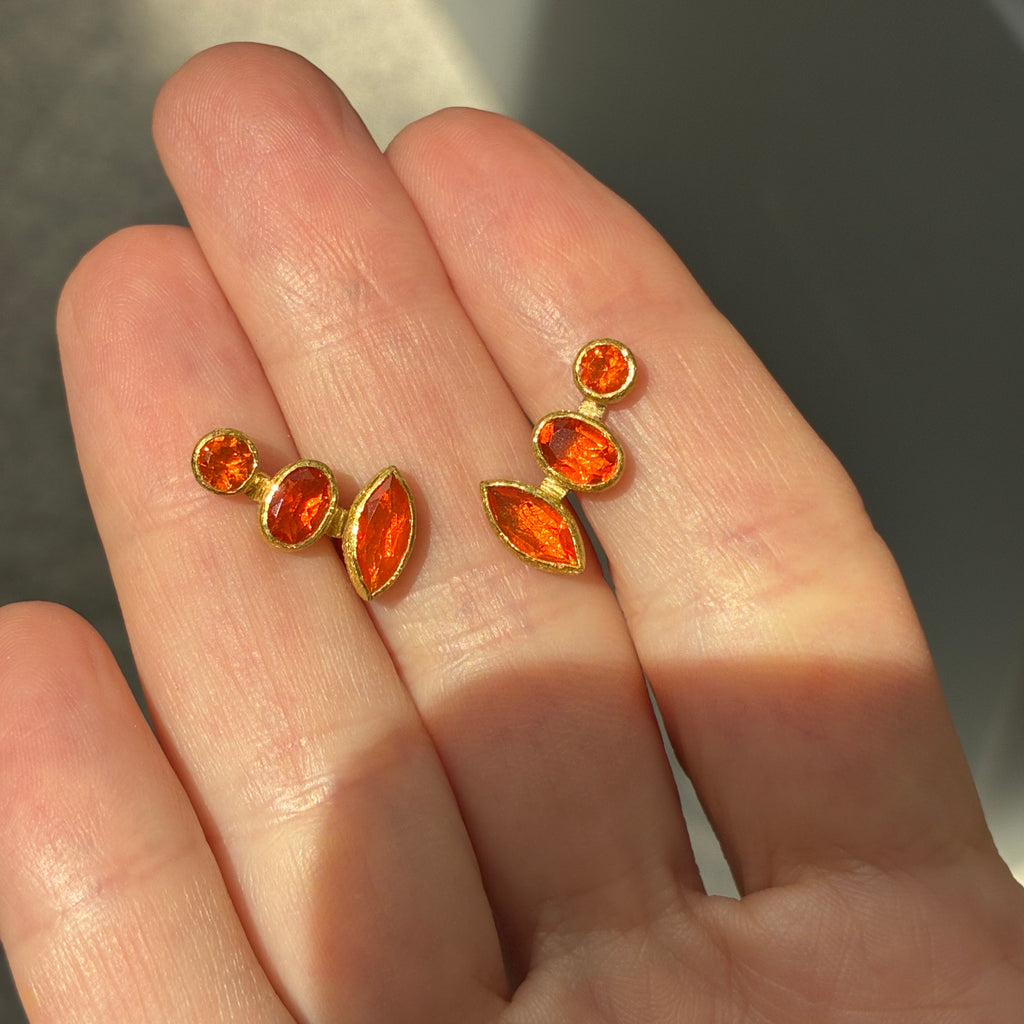 Petra Class Faceted Mexican Fire Opal Gold Climber Earrings