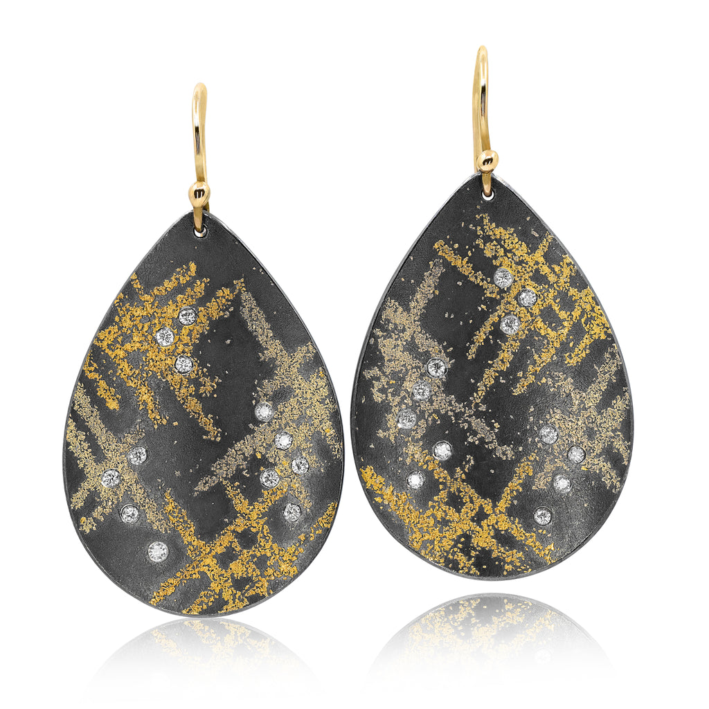 Atelier Zobel White Diamond Gold Oxidized Silver Criss Cross Teardrop Earrings