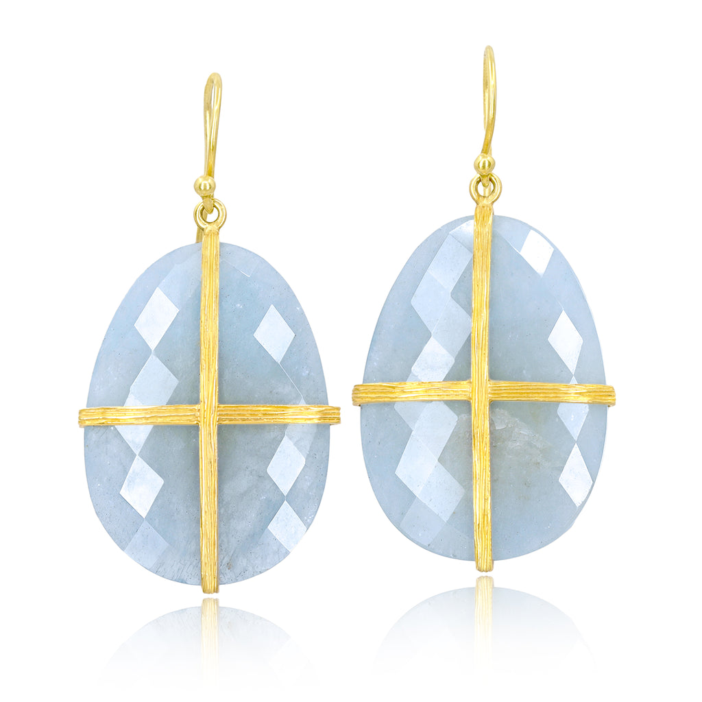 Kothari Faceted Aquamarine Slice Gold Wrap Drop Earrings