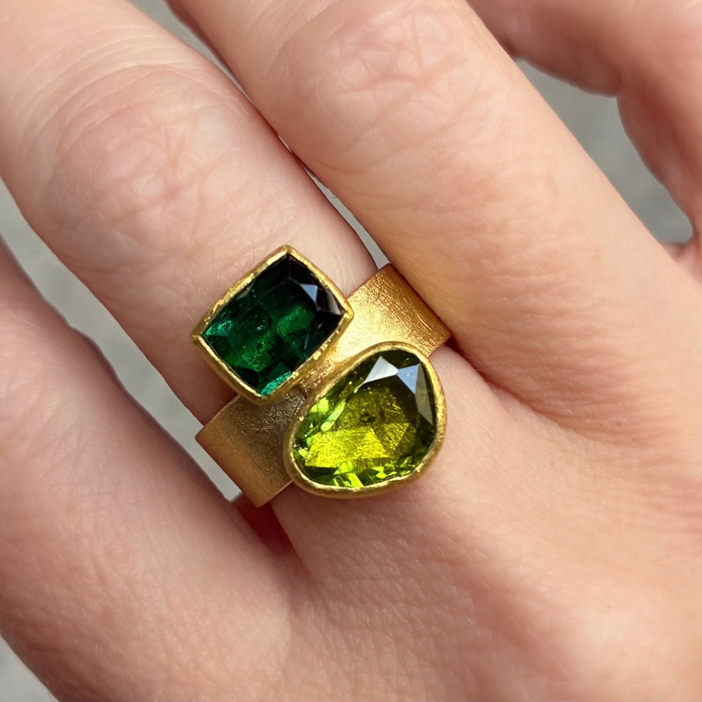 Petra Class Double Stone Faceted Green Tourmaline Gold Ring