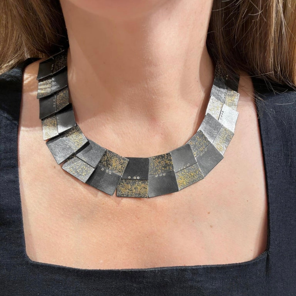 Atelier Zobel Alternating Diamond Yellow Gold Oxidized Silver Link Necklace