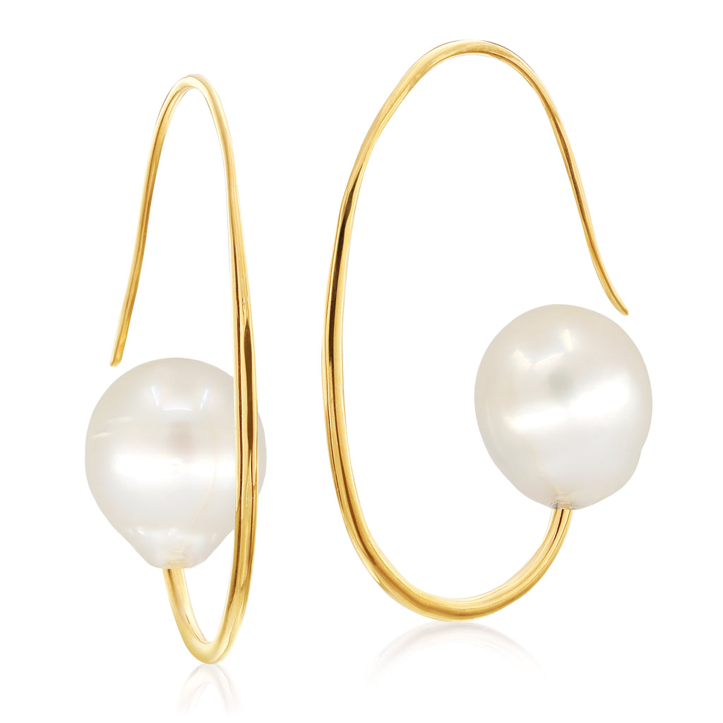 Just Jules One-of-a-Kind Baroque South Sea Pearl Drop Back Hoop Gold Earrings