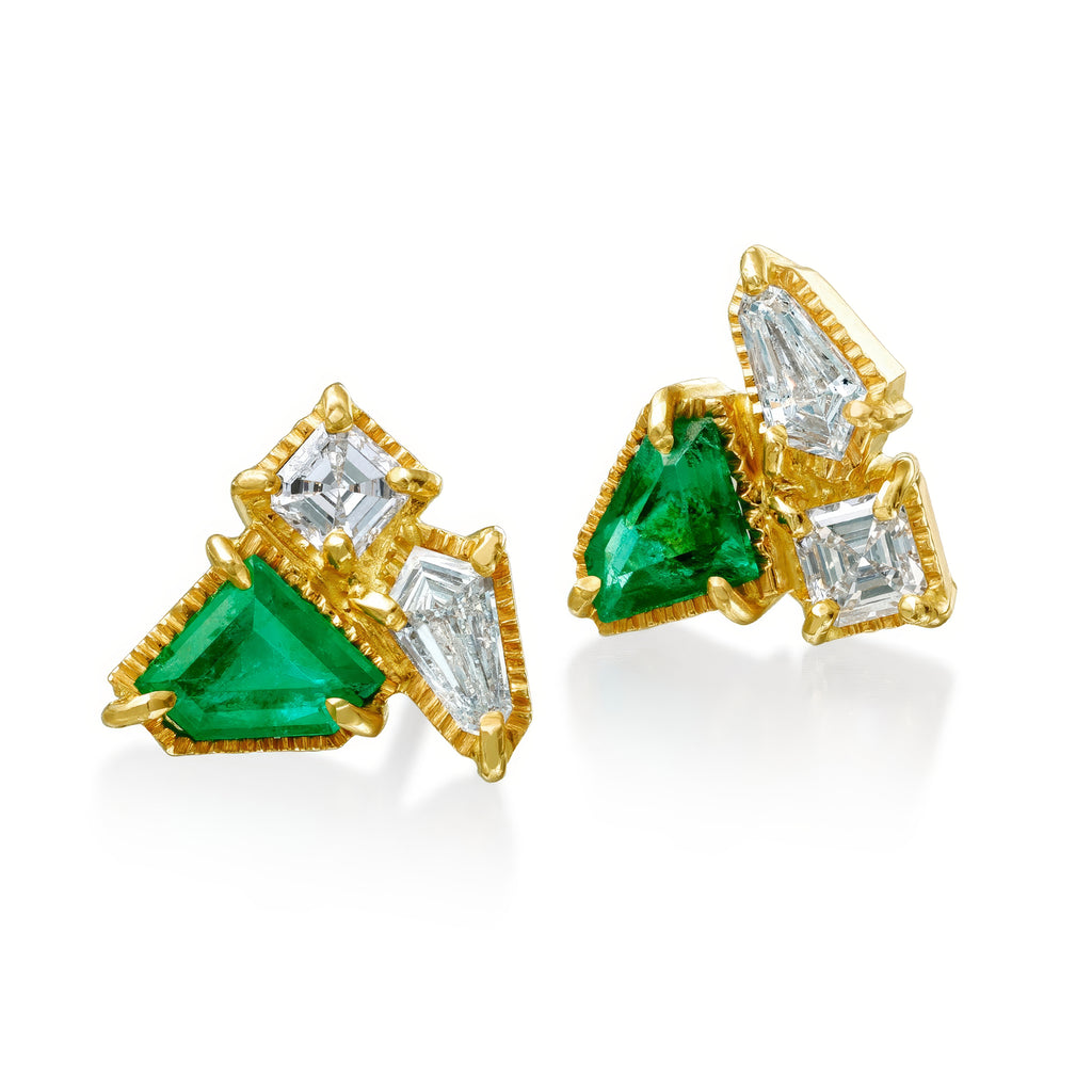 Just Jules Emerald Diamond Mixed Cluster Gold Stud Earrings