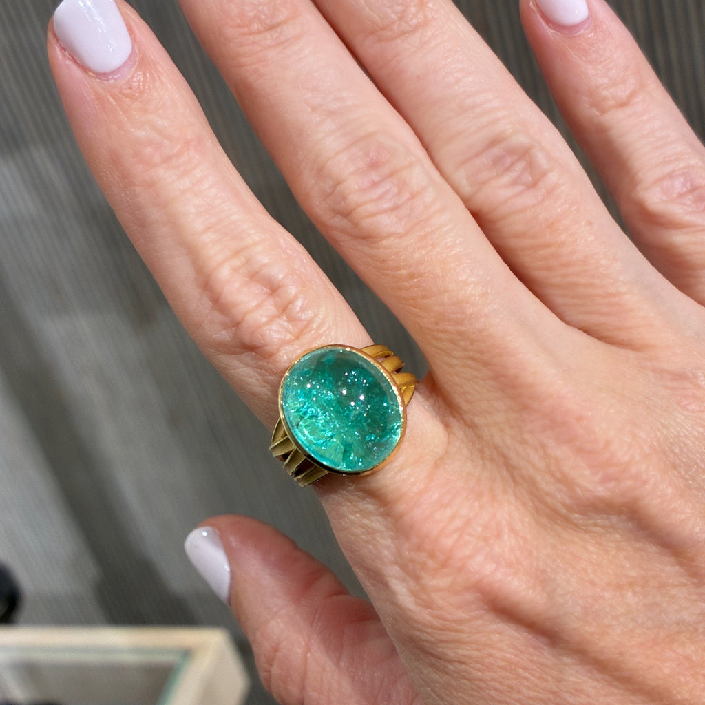 Barbara Heinrich One of a Kind Certified Paraiba Tourmaline Gold Ribbon Ring