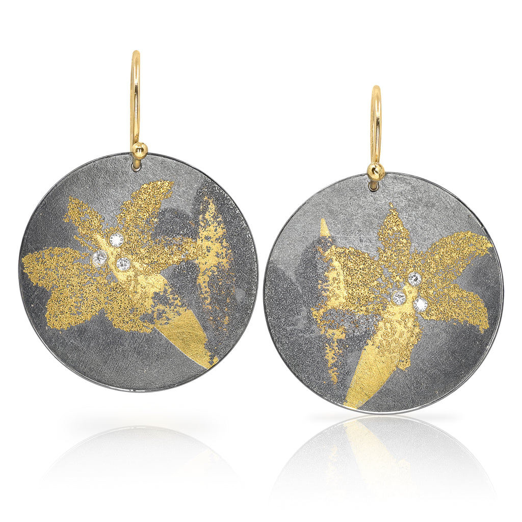 Atelier Zobel White Diamond Gold Oxidized Silver Petal Disc Drop Earrings