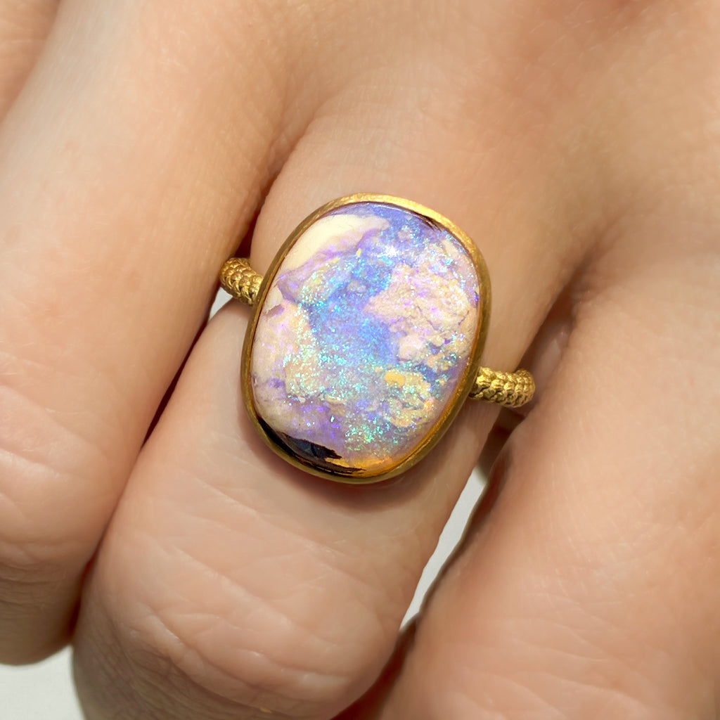 Talkative Rare Wood Opal Cabochon Gold One of a Kind Ring