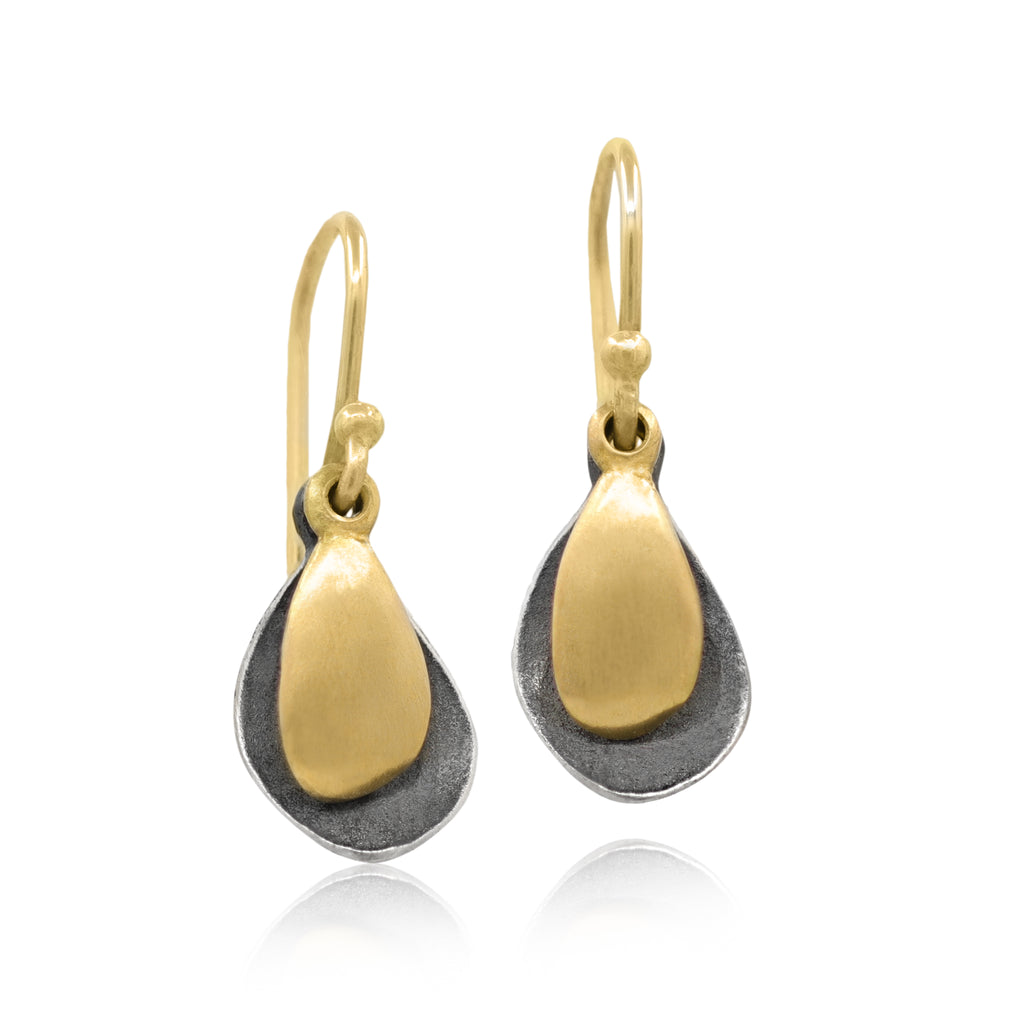 John Iversen Tiny Double Leaf Gold Oxidized Silver Dangle Earrings