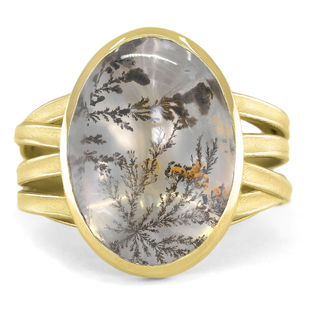 Barbara Heinrich Natural Dendrite Agate One of a Kind Gold Ribbon Ring