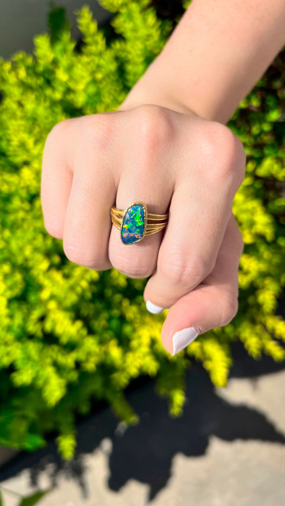 Barbara Heinrich Fiery Boulder Opal One of a Kind Gold Ribbon Ring
