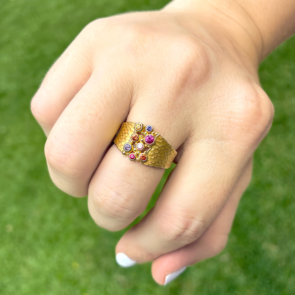 Barbara Heinrich Multicolored Sapphire Gold Carved Glacier Ring