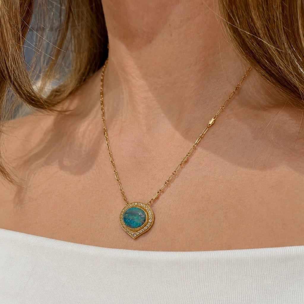 Just Jules Opal Cabochon Diamond Gold Pendant Necklace