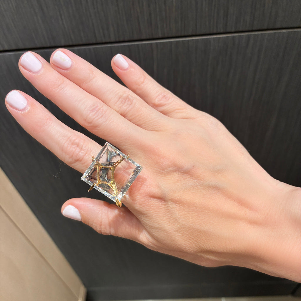 Kika Alvarenga Faceted Rock Crystal Oxidized Silver Yellow Gold Tiger Ring