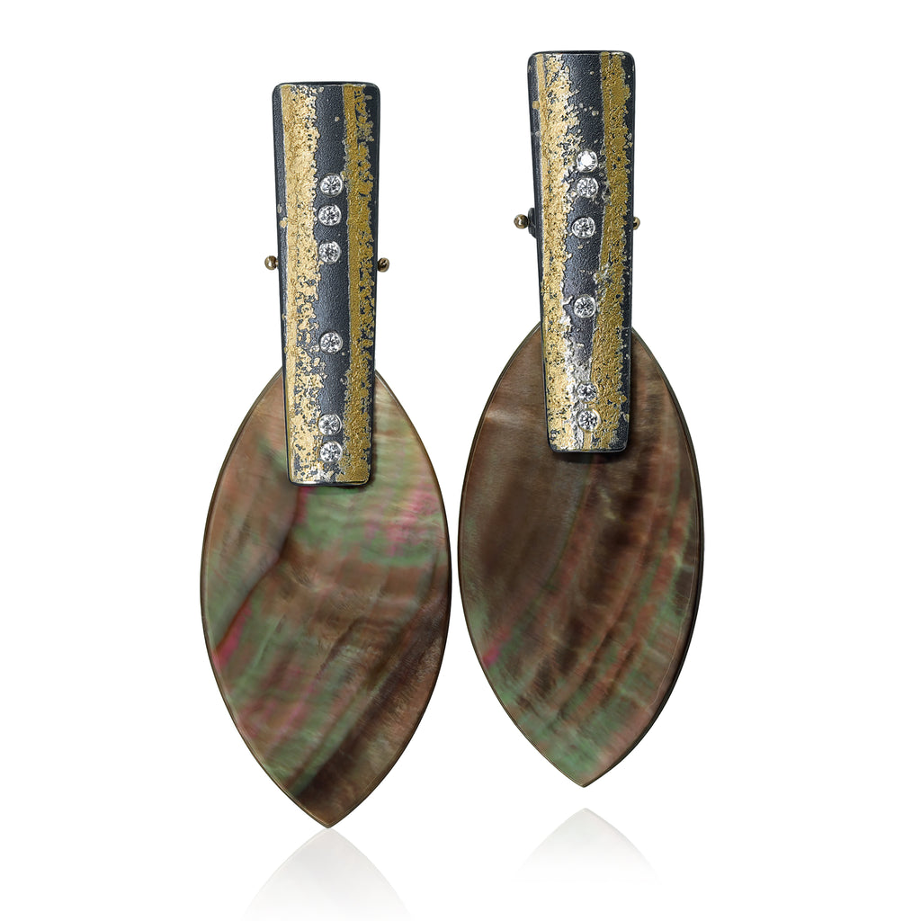 Atelier Zobel Mother of Pearl White Diamond Gold Oxidized Silver Earrings