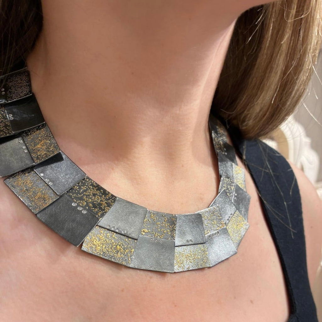 Atelier Zobel Alternating Diamond Yellow Gold Oxidized Silver Link Necklace