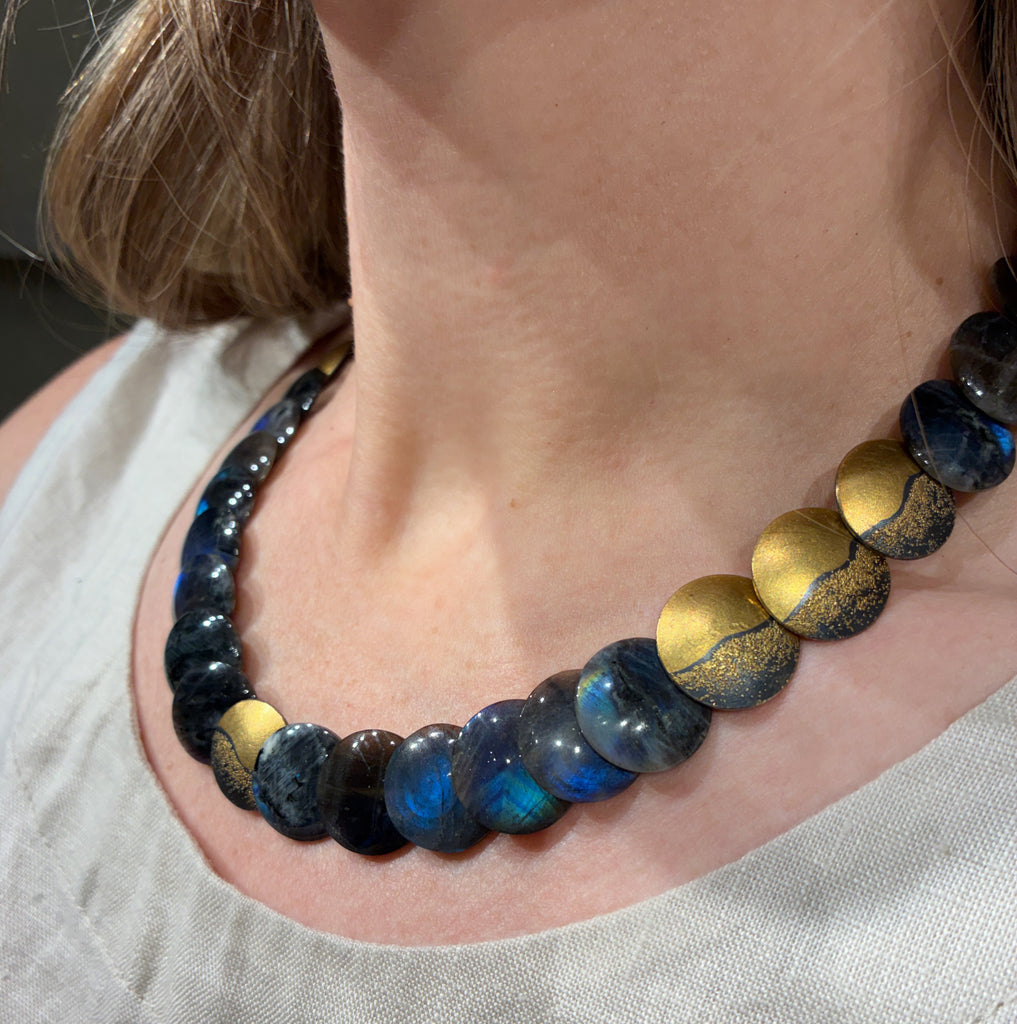 Atelier Zobel Spectrolite Labradorite Gold Oxidized Silver Disc Necklace