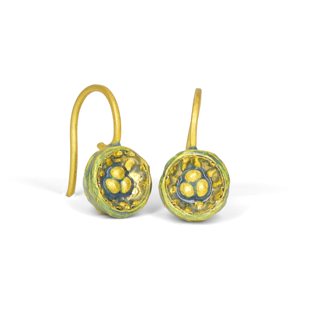 Eva Steinberg Opalescent Enamel Granular Gold Round Drop Earrings