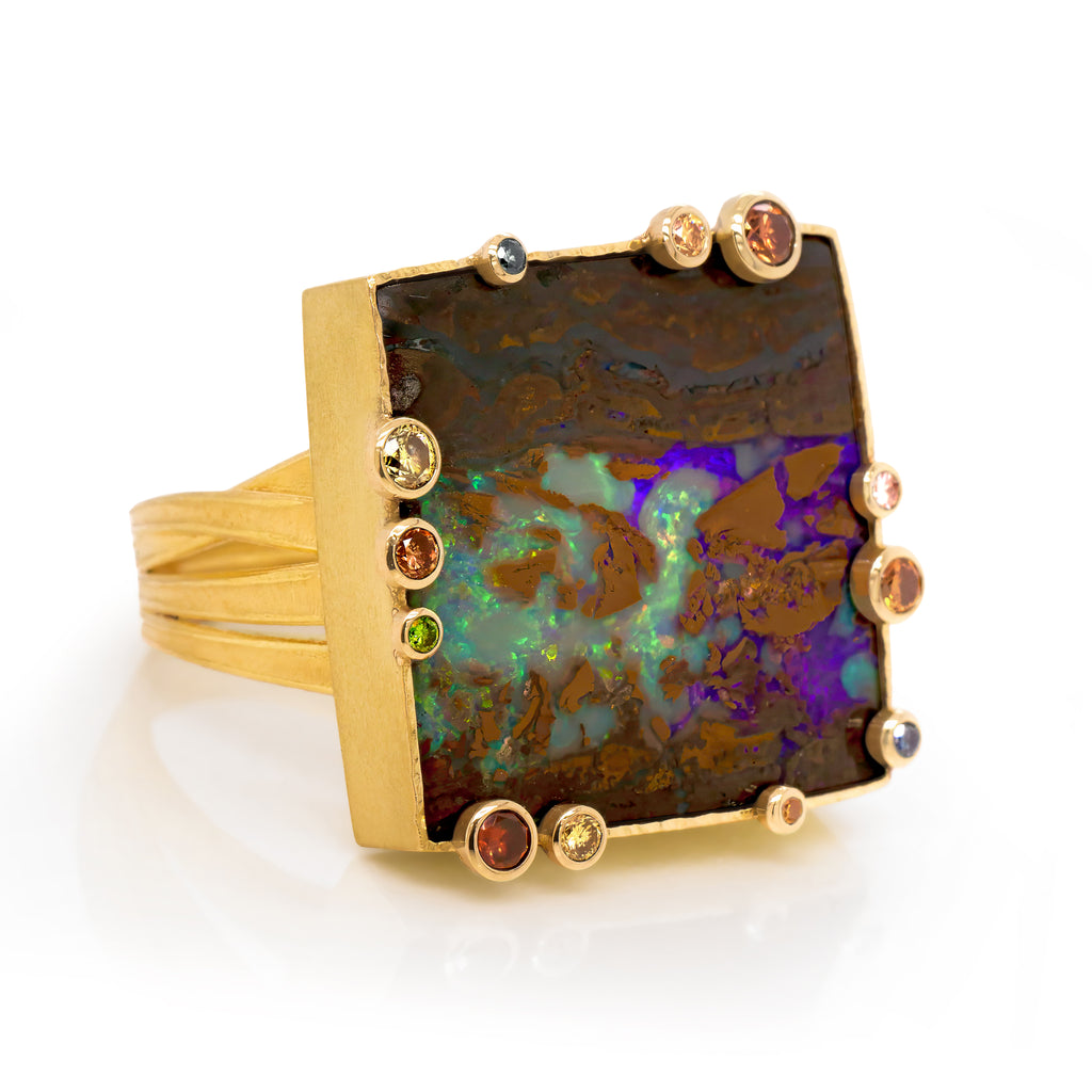 Barbara Heinrich Square Boulder Opal Multi-Colored Diamonds Gold Ribbon Ring
