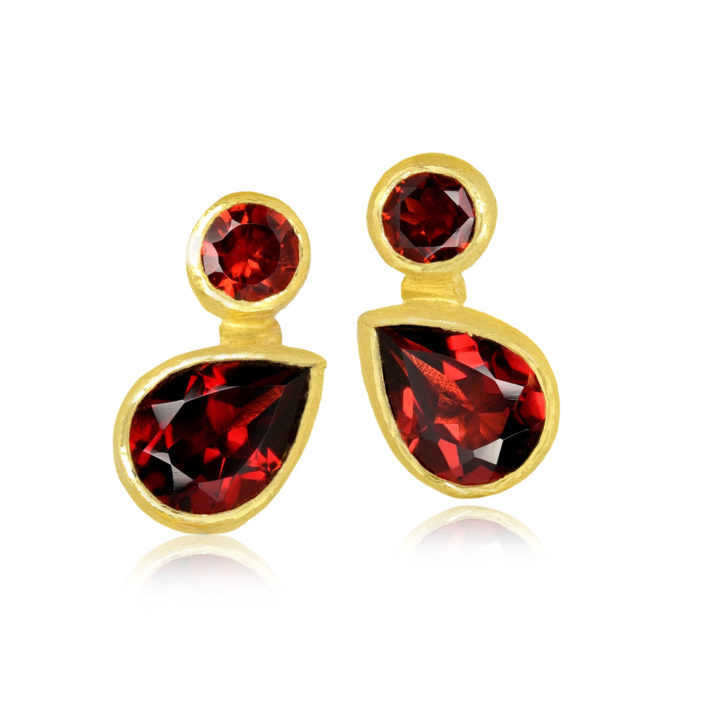 Petra Class Double Faceted Red Garnet Gold Stacked Stud Earrings