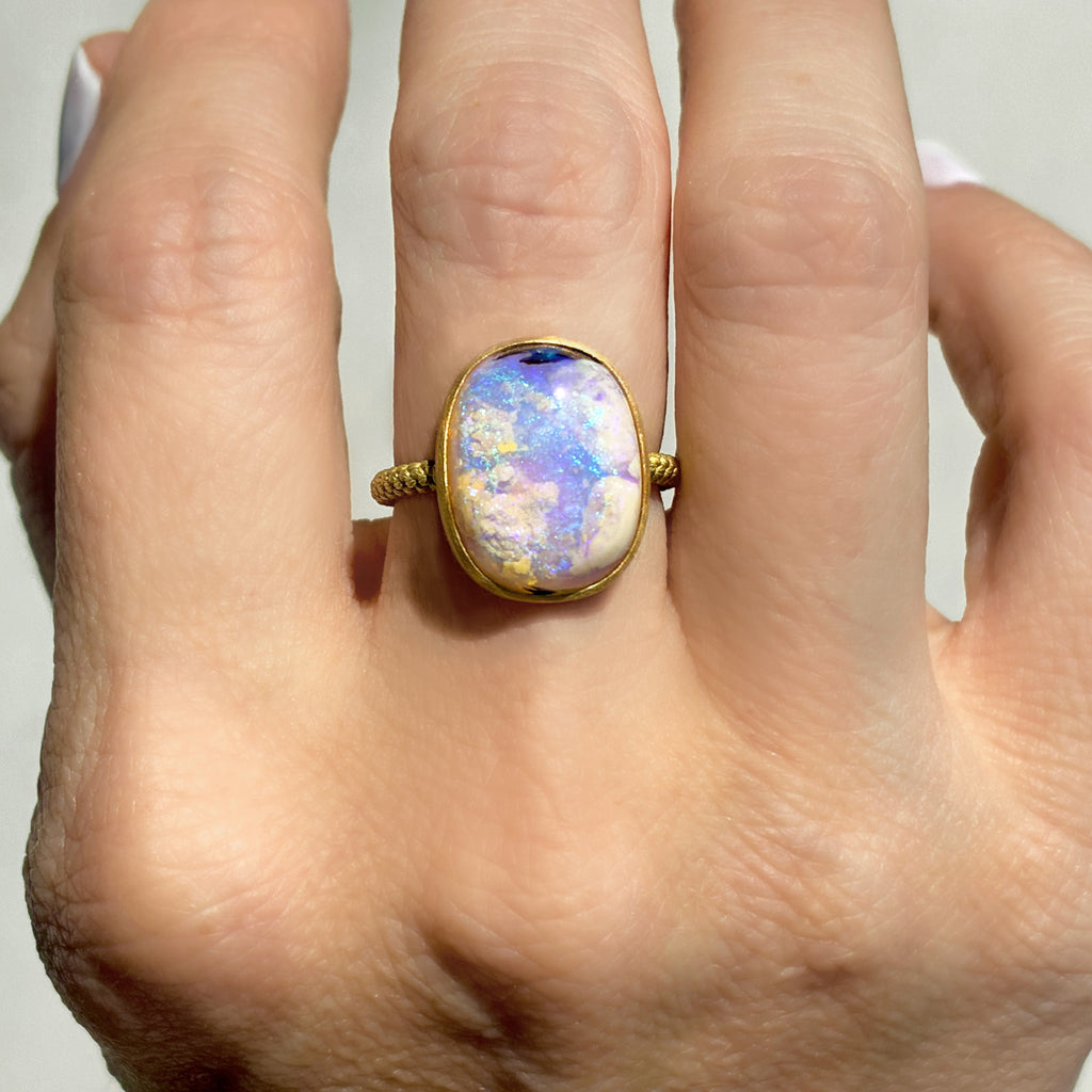 Talkative Rare Wood Opal Cabochon Gold One of a Kind Ring