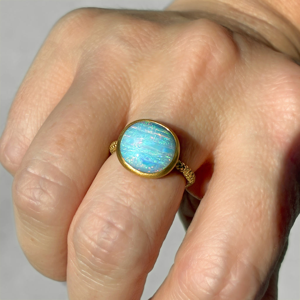 Talkative 6.21 carat Australian Boulder Opal Cabochon Yellow Gold Ring