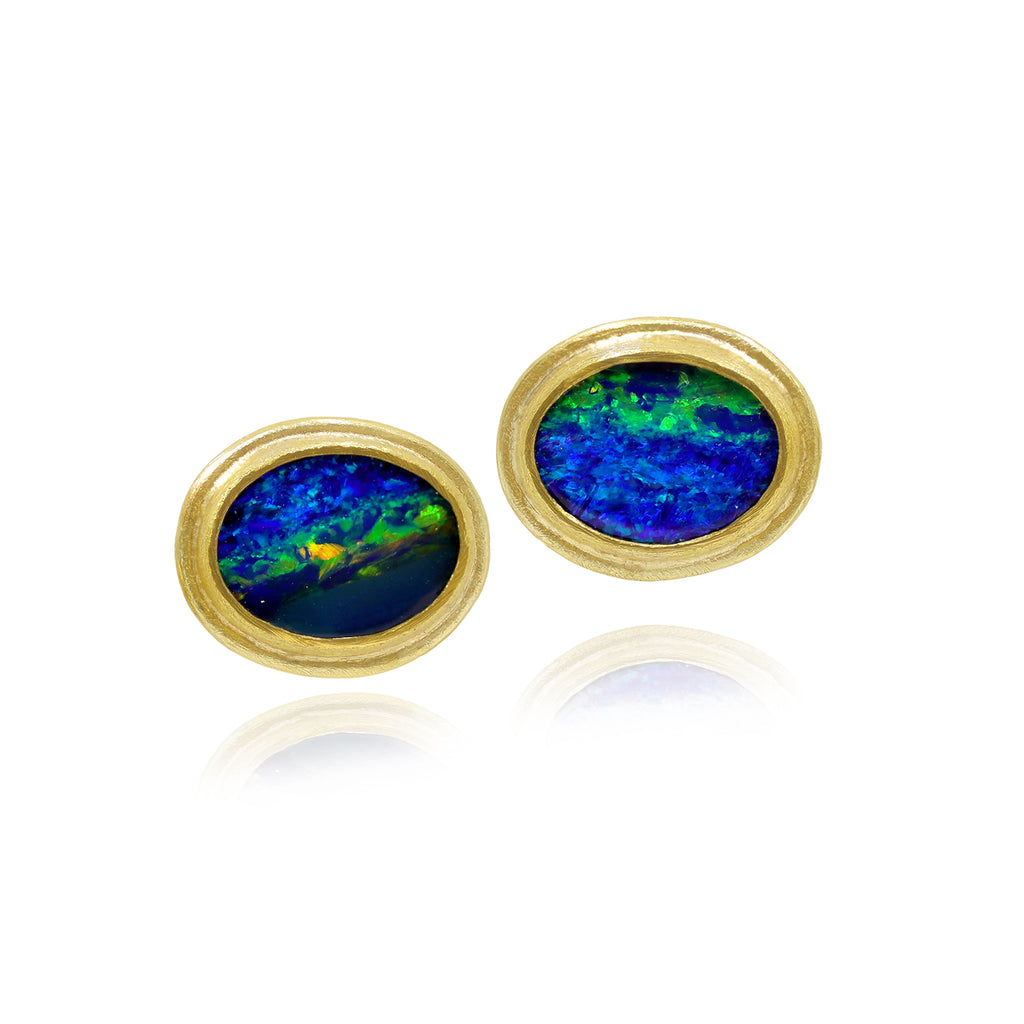 Petra Class Framed Oval Australian Opal Gold Stud Earrings
