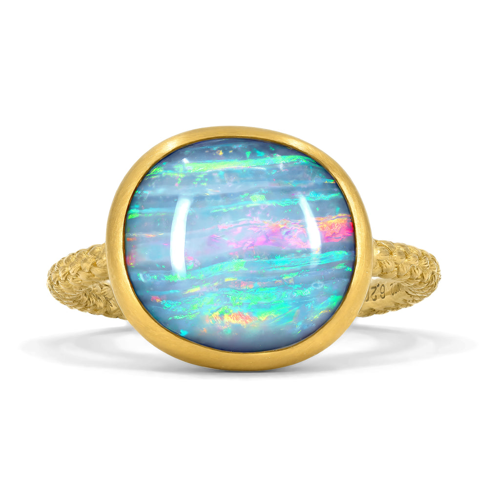 Talkative 6.21 carat Australian Boulder Opal Cabochon Yellow Gold Ring
