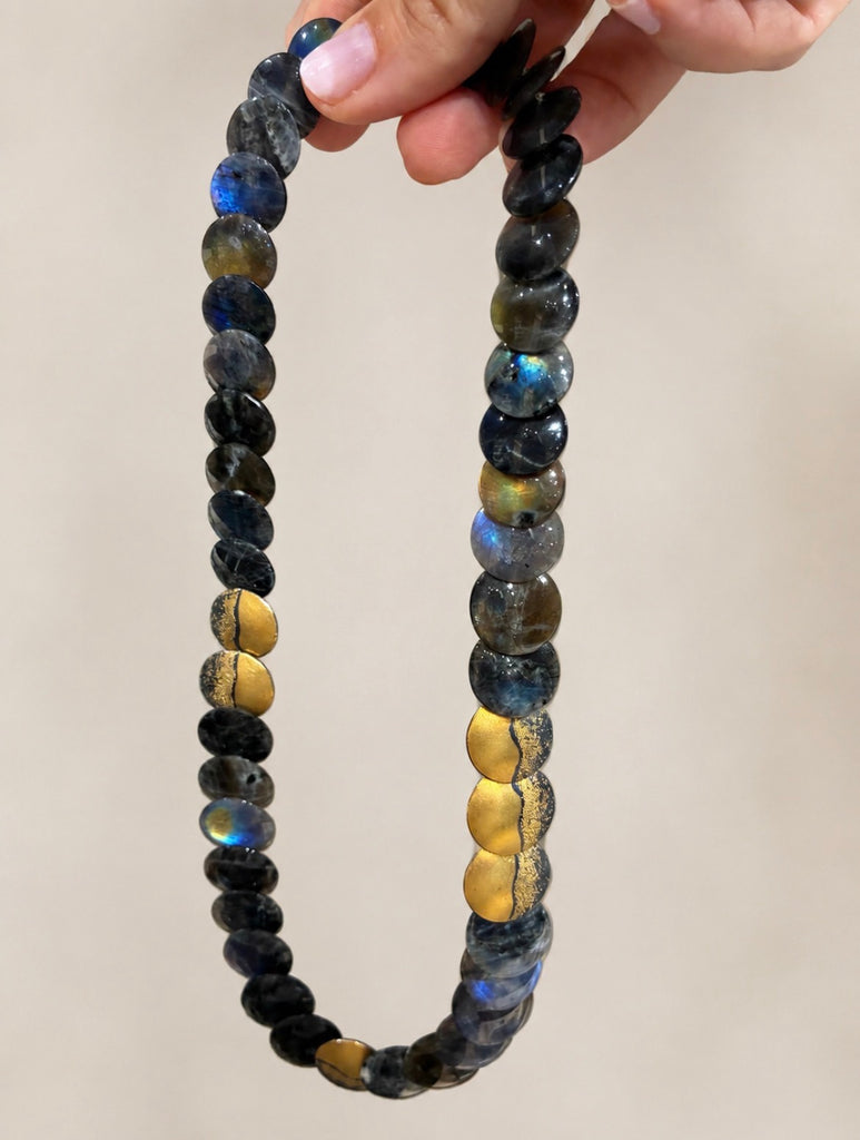 Atelier Zobel Spectrolite Labradorite Gold Oxidized Silver Disc Necklace