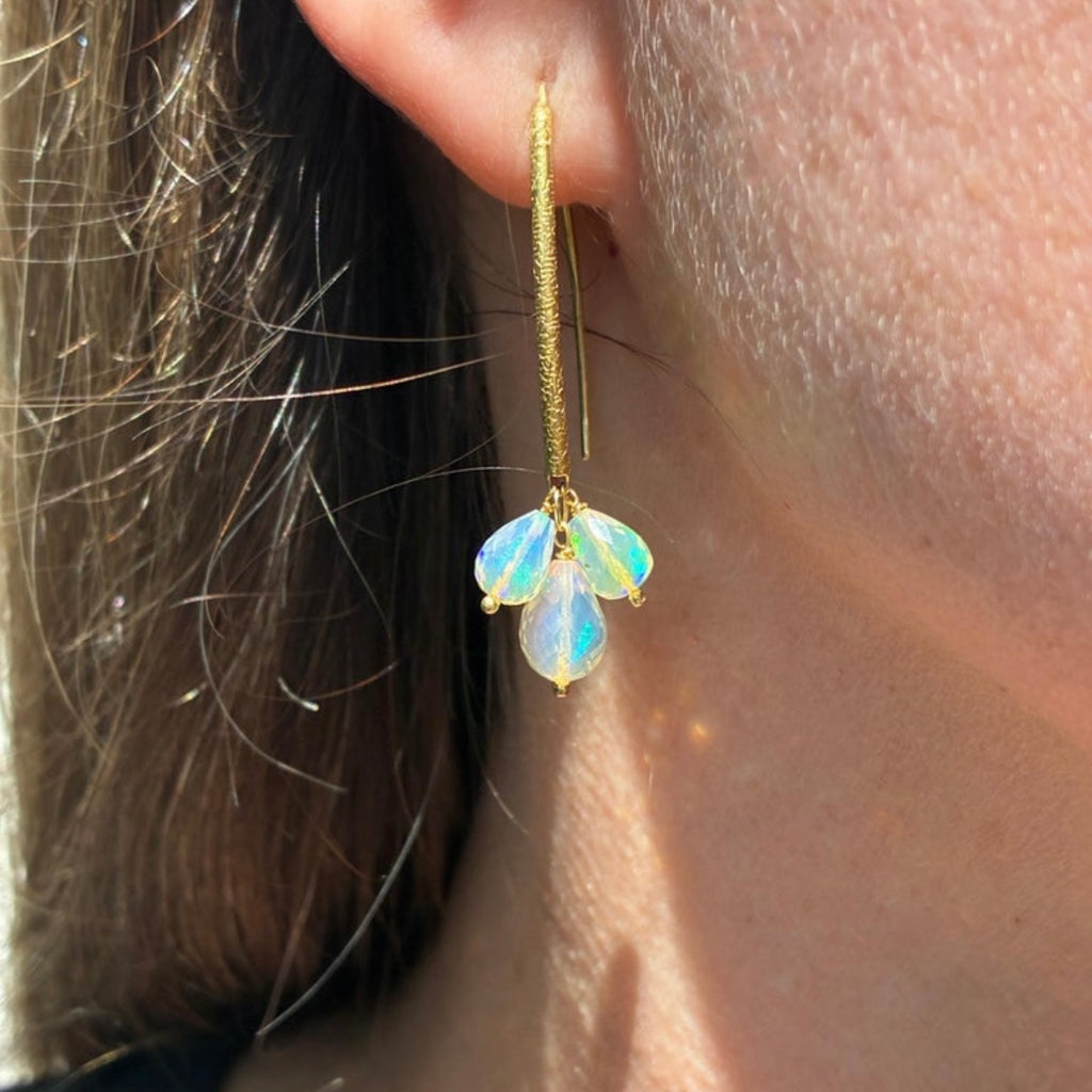 Barbara Heinrich Faceted Ethiopian Opal Briolette Gold Navette Dangle Earrings
