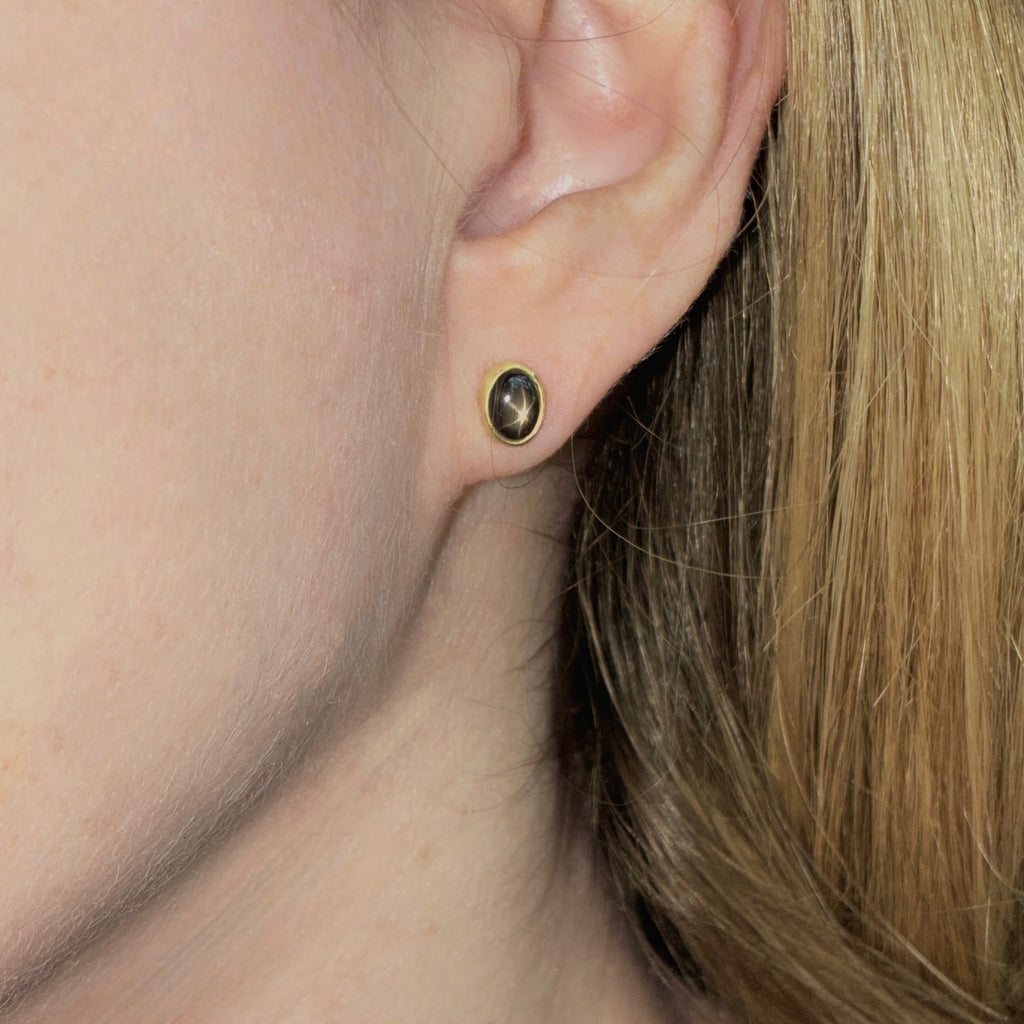 Monica Marcella Oval Black Star Sapphire Gold Stud Earrings
