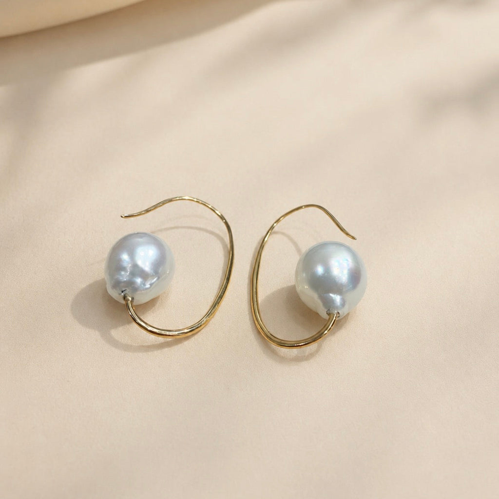 Just Jules One-of-a-Kind Baroque South Sea Pearl Drop Back Hoop Gold Earrings