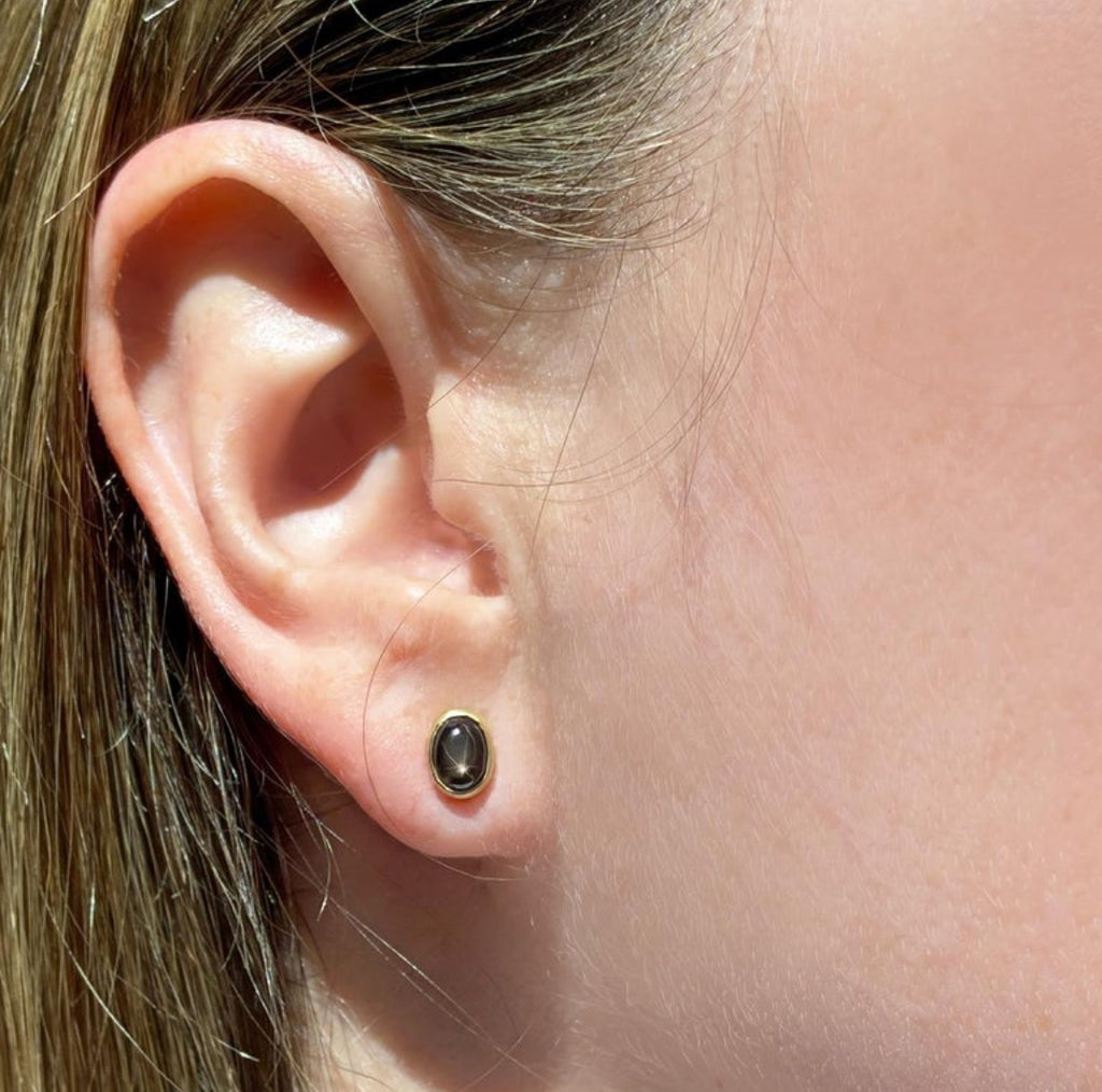 Monica Marcella Oval Black Star Sapphire Gold Stud Earrings