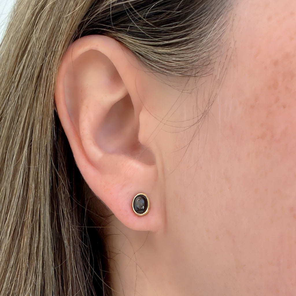 Monica Marcella Oval Black Star Sapphire Gold Stud Earrings